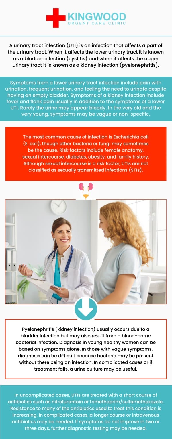 At Kingwood Urgent Care, we understand that Renal and Urinary Conditions can be uncomfortable and disruptive. That's why our team provides prompt and effective treatment for a range of issues, including urinary tract infections (UTIs), bladder discomfort, and initial evaluations for kidney concerns. We offer quick diagnoses and personalized care to help you find relief and get back to feeling your best, ensuring your urinary health is a top priority. For more information, contact us or visit us online. We are conveniently located at 2601 W Lake Houston Pkwy Kingwood, TX 77339. At Kingwood Urgent Care, we understand that Renal and Urinary Conditions can be uncomfortable and disruptive. That's why our team provides prompt and effective treatment for a range of issues, including urinary tract infections (UTIs), bladder discomfort, and initial evaluations for kidney concerns. We offer quick diagnoses and personalized care to help you find relief and get back to feeling your best, ensuring your urinary health is a top priority. For more information, contact us or visit us online. We are conveniently located at 2601 W Lake Houston Pkwy Kingwood, TX 77339.