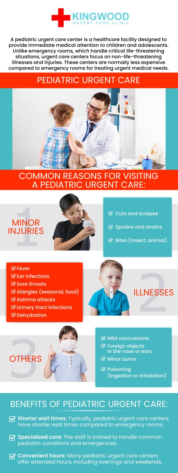We provide fast, reliable care for your little ones when they need it most. Whether it's a fever, injury, or minor illness, our clinic is here to offer immediate medical attention in a comforting and child-friendly environment. Our team at Kingwood Urgent Care Clinic is dedicated to ensuring that every child receives personalized care with compassion and expertise. For more information, contact us or visit us online. Our clinic is conveniently located at 2601 W Lake Houston Pkwy Kingwood, TX.