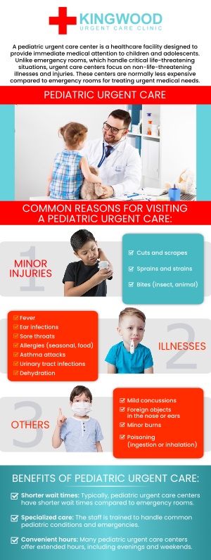 Kingwood Urgent Care offers pediatric walk-in clinic medical services to children of all ages. Our medical health professionals can diagnose and treat your child’s health issue whenever he requires it. For more information, contact us at your earliest convenience or visit us online to see our business hours. We also accept walk-ins. Our clinic is conveniently located at 2601 W Lake Houston Pkwy Kingwood, TX.